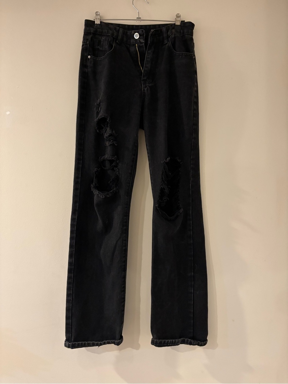 Black Distressed Straight-Leg Jeans